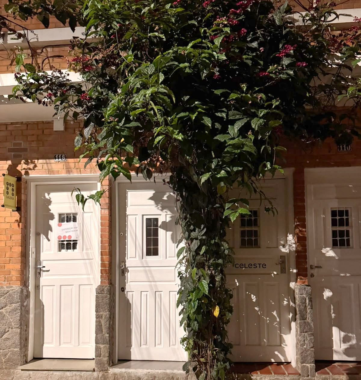 Entrada da casa de vila do consultório, com portas brancas e uma árvore florida, na Travessa Dona Paula